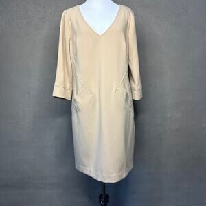 Trina Turk Beige Sheath Dress Size 8 Made in USA V-Neck Pockets Knee Length